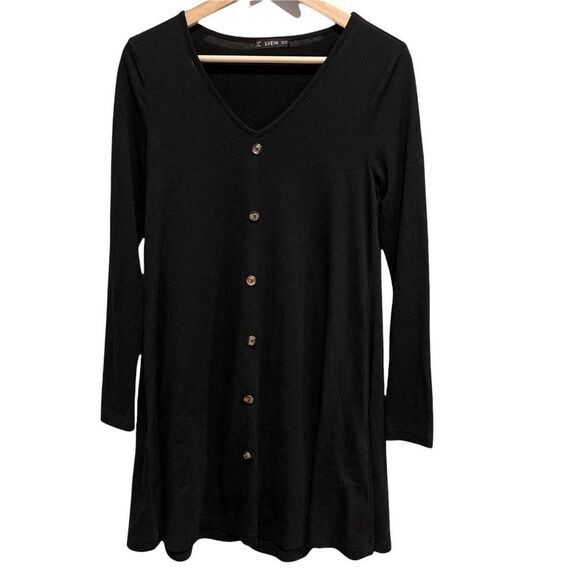 SHEIN Deep V Neck Button Down Long Sleeve Black Dress Size XS - Picture 1 of 7